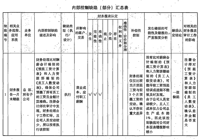 内部控制缺陷（部分）汇总表