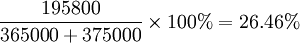 /frac{195800}{365000+375000} /times 100%=26.46%