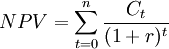 NPV=/sum^{n}_{t=0}/frac{C_t}{(1+r)^t}