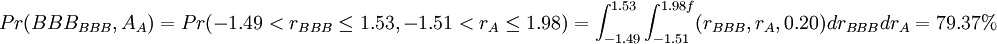 Pr(BBB_{BBB},A_A)=Pr(-1.49<r_{BBB}/le1.53,-1.51<r_A/le1.98)=/int_{-1.49}^{1.53}/int_{-1.51}^{1.98f}(r_{BBB},r_A,0.20)dr_{BBB}dr_A=79.37%