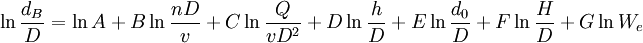 /ln/frac{d_B}{D}=/ln A+B/ln/frac{nD}{v}+C/ln/frac{Q}{vD^2}+D/ln/frac{h}{D}+E/ln/frac{d_0}{D}+F/ln/frac{H}{D}+G/ln W_e