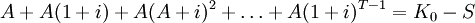 A+A(1+i)+A(A+i)^2+/ldots+A(1+i)^{T-1}=K_0-S