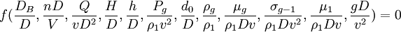 f(/frac{D_B}{D},/frac{nD}{V},/frac{Q}{vD^2},/frac{H}{D},/frac{h}{D},/frac{P_g}{/rho_1v^2},/frac{d_0}{D},/frac{/rho_g}{/rho_1},/frac{/mu_g}{/rho_1Dv},/frac{/sigma_{g-1}}{/rho_1Dv^2},/frac{/mu_1}{/rho_1Dv},/frac{gD}{v^2})=0