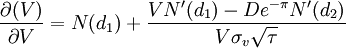 /frac{/partial(V)}{/partial V}=N(d_1)+/frac{VN^/prime(d_1)-De^{-/pi}N^/prime(d_2)}{V/sigma_v/sqrt{/tau}}