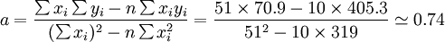 a=/frac{/sum x_i/sum y_i-n/sum x_iy_i}{(/sum x_i)^2-n/sum x_i^2}=/frac{51/times 70.9-10/times 405.3}{51^2-10/times 319}/simeq 0.74