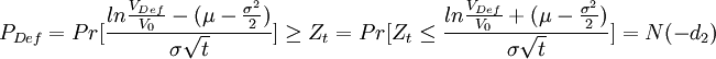 P_{Def}=Pr/ge Z_t=Pr=N(-d_2)