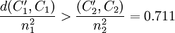 /frac{d(C^/prime_1,C_1)}{n^2_1}>/frac{(C^/prime_2,C_2)}{n^2_2}=0.711