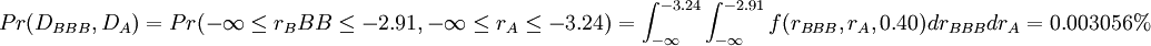 Pr(D_{BBB},D_A)=Pr(-/infty/le r_BBB/le-2.91,-/infty/le r_A/le-3.24)=/int_{-/infty}^{-3.24}/int_{-/infty}^{-2.91}f(r_{BBB},r_A,0.40)dr_{BBB}dr_A=0.003056%