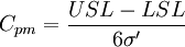 C_{pm}=/frac{USL-LSL}{6/sigma^/prime}
