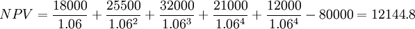 NPV=/frac{18000}{1.06}+/frac{25500}{1.06^2}+/frac{32000}{1.06^3}+/frac{21000}{1.06^4}+/frac{12000}{1.06^4}-80000=12144.8