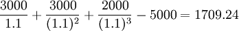 /frac{3000}{1.1}+/frac{3000}{(1.1)^2}+/frac{2000}{(1.1)^3}-5000=1709.24
