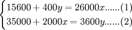 /begin{cases}15600+400y=26000x ......(1)//35000+2000x=3600y  ......(2)/end{cases}
