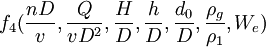 f_4(/frac{nD}{v},/frac{Q}{vD^2},/frac{H}{D},/frac{h}{D},/frac{d_0}{D},/frac{/rho_g}{/rho_1},W_e)