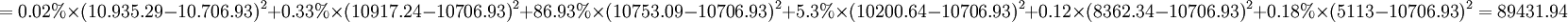 =0.02%/times(10.935.29-10.706.93)^2+0.33%/times(10917.24-10706.93)^2+86.93%/times(10753.09-10706.93)^2+5.3%/times(10200.64-10706.93)^2+0.12/times(8362.34-10706.93)^2+0.18%/times(5113-10706.93)^2=89431.94