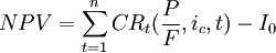 NPV=/sum^n_{t=1}CR_t(/frac{P}{F},i_c,t)-I_0