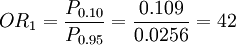 OR_1=/frac{P_{0.10}}{P_{0.95}}=/frac{0.109}{0.0256}=42